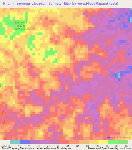 Phumi Trayoeng,Cambodia Elevation Map