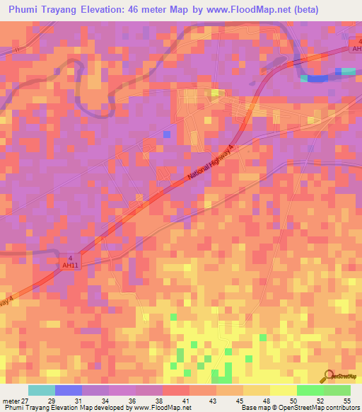 Phumi Trayang,Cambodia Elevation Map