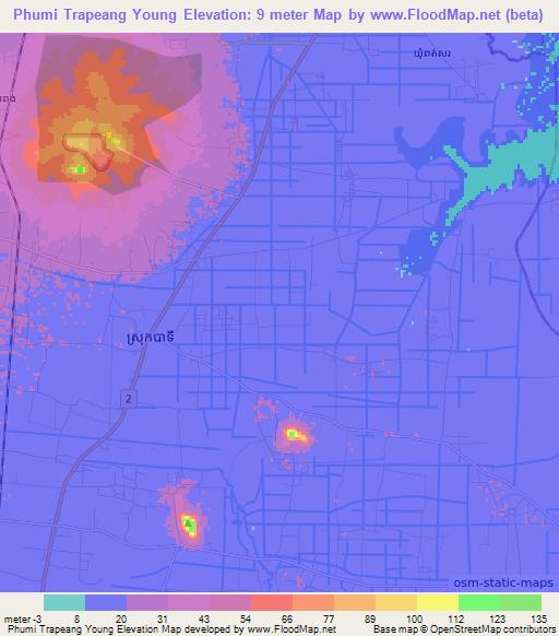 Phumi Trapeang Young,Cambodia Elevation Map