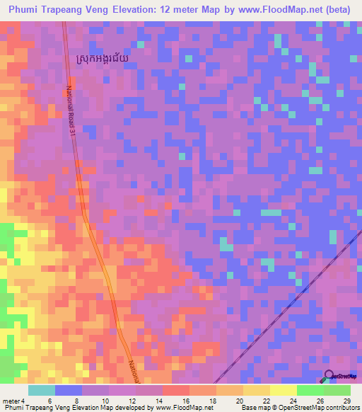 Phumi Trapeang Veng,Cambodia Elevation Map