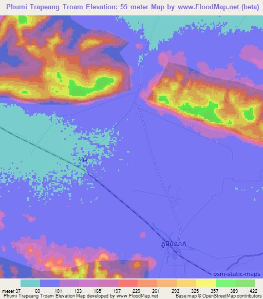 Phumi Trapeang Troam,Cambodia Elevation Map