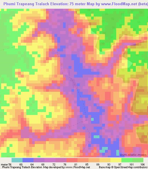 Phumi Trapeang Tralach,Cambodia Elevation Map