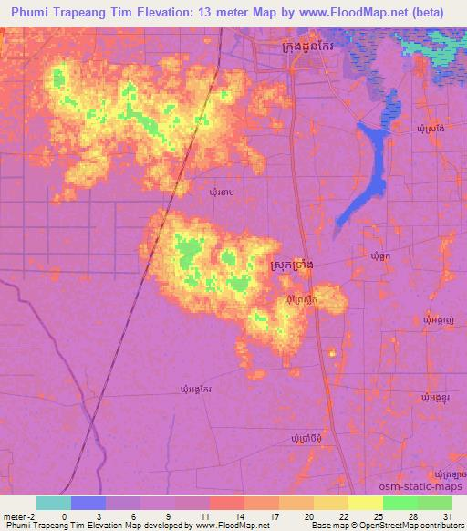 Phumi Trapeang Tim,Cambodia Elevation Map