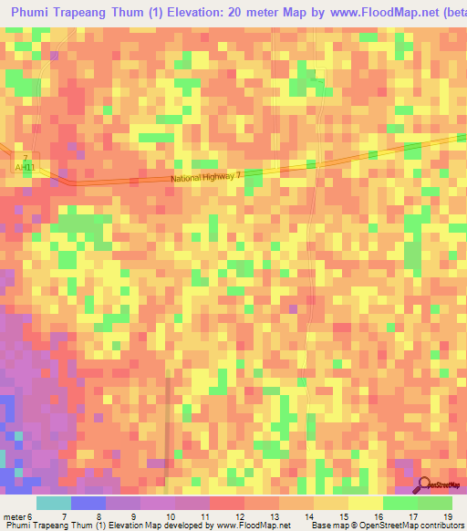 Phumi Trapeang Thum (1),Cambodia Elevation Map