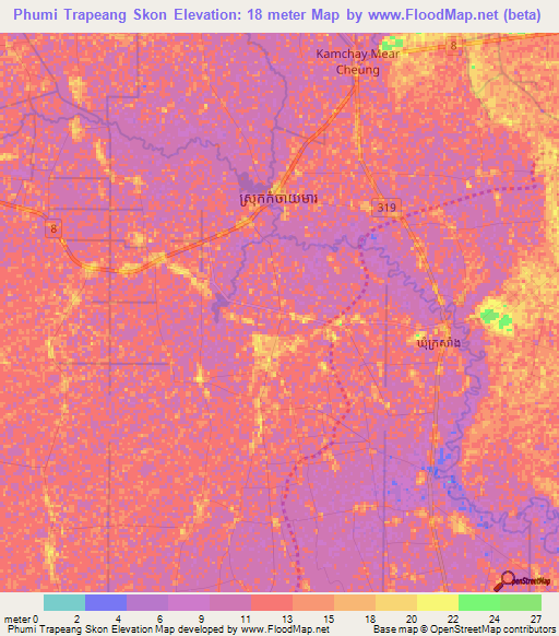 Phumi Trapeang Skon,Cambodia Elevation Map