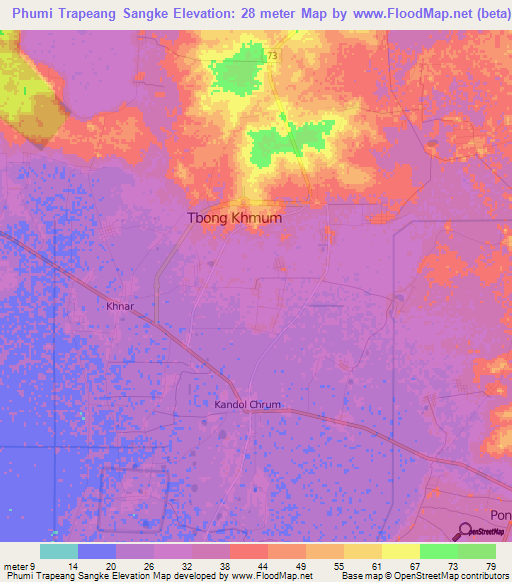 Phumi Trapeang Sangke,Cambodia Elevation Map