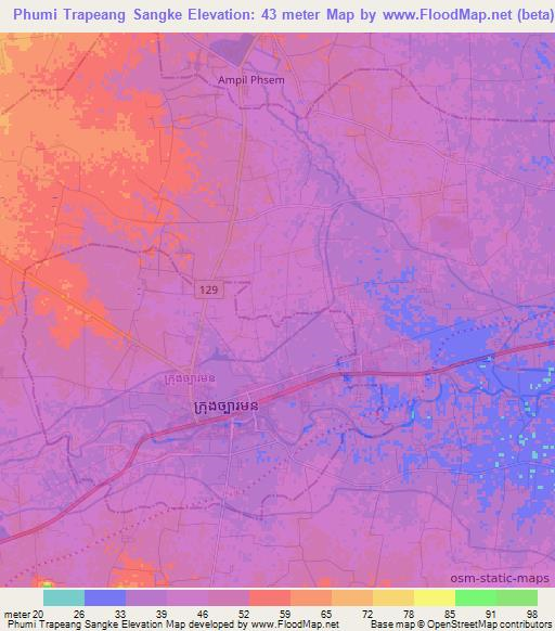 Phumi Trapeang Sangke,Cambodia Elevation Map