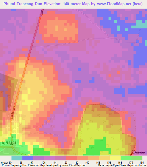 Phumi Trapeang Run,Cambodia Elevation Map