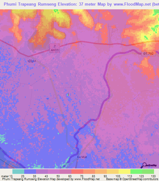 Phumi Trapeang Rumseng,Cambodia Elevation Map