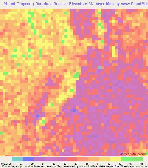 Phumi Trapeang Rumduol Roessei,Cambodia Elevation Map