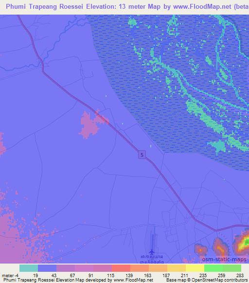 Phumi Trapeang Roessei,Cambodia Elevation Map
