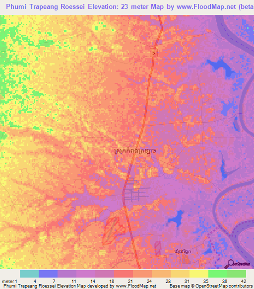 Phumi Trapeang Roessei,Cambodia Elevation Map