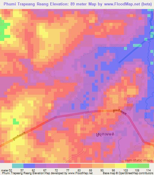 Phumi Trapeang Reang,Cambodia Elevation Map