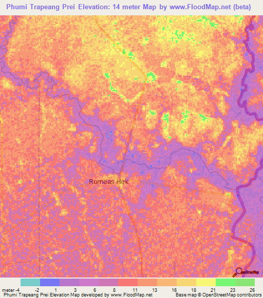 Phumi Trapeang Prei,Cambodia Elevation Map