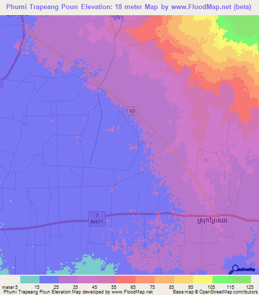 Phumi Trapeang Poun,Cambodia Elevation Map