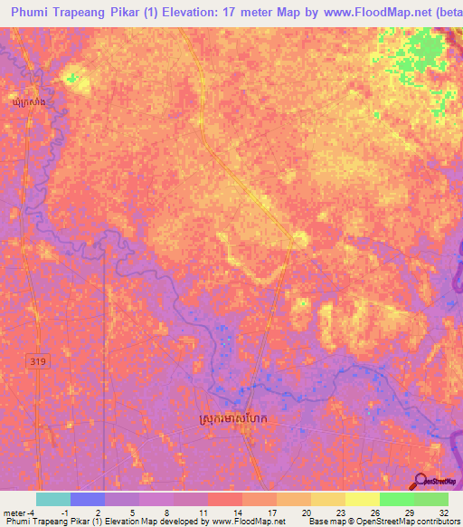 Phumi Trapeang Pikar (1),Cambodia Elevation Map
