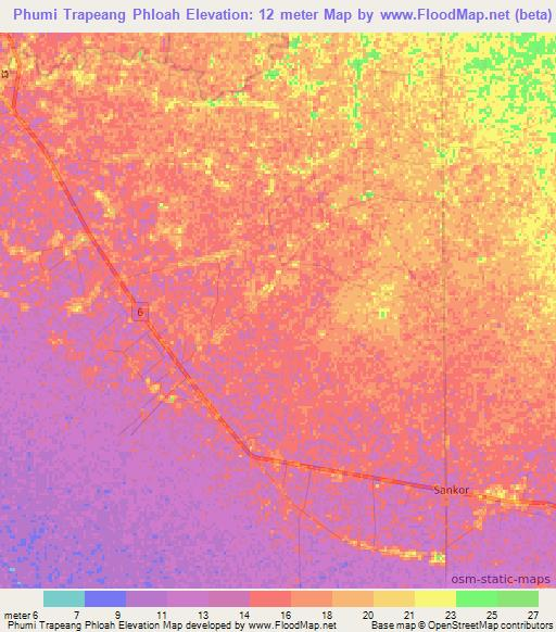 Phumi Trapeang Phloah,Cambodia Elevation Map