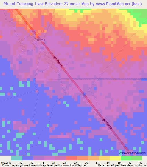 Phumi Trapeang Lvea,Cambodia Elevation Map