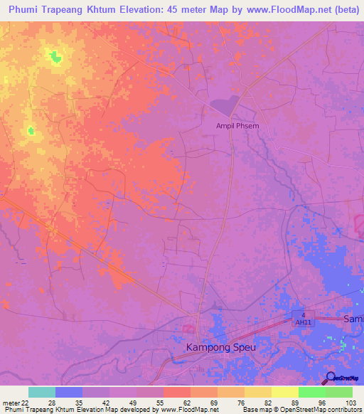 Phumi Trapeang Khtum,Cambodia Elevation Map
