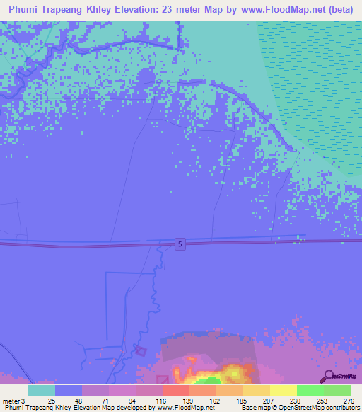 Phumi Trapeang Khley,Cambodia Elevation Map