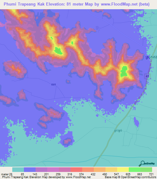 Phumi Trapeang Kak,Cambodia Elevation Map