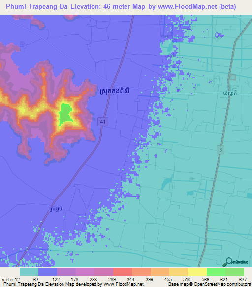 Phumi Trapeang Da,Cambodia Elevation Map