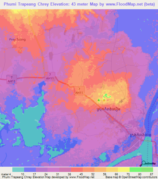 Phumi Trapeang Chrey,Cambodia Elevation Map