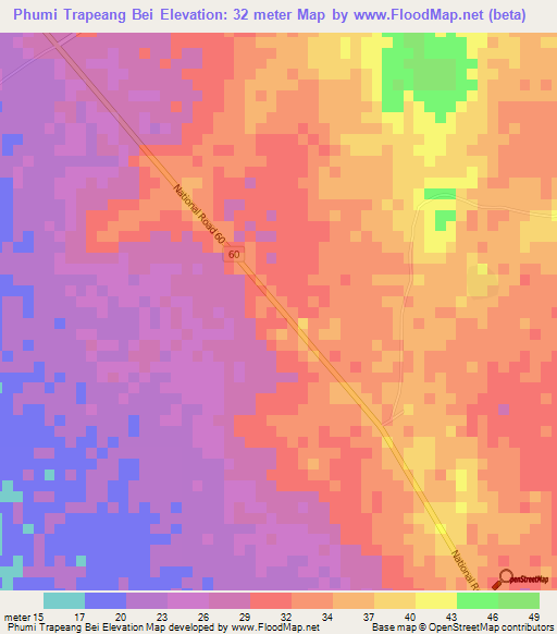 Phumi Trapeang Bei,Cambodia Elevation Map