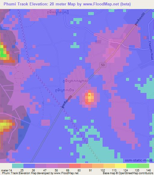 Phumi Traok,Cambodia Elevation Map