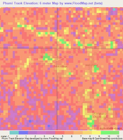 Phumi Traok,Cambodia Elevation Map