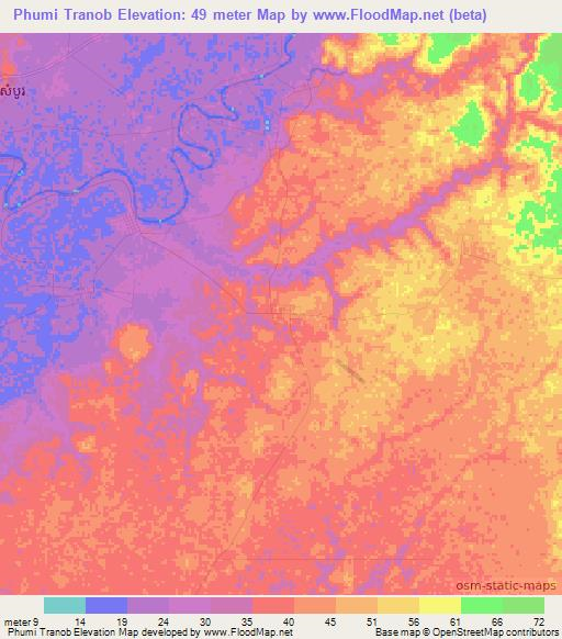 Phumi Tranob,Cambodia Elevation Map