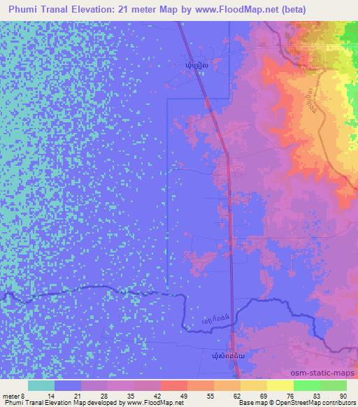 Phumi Tranal,Cambodia Elevation Map