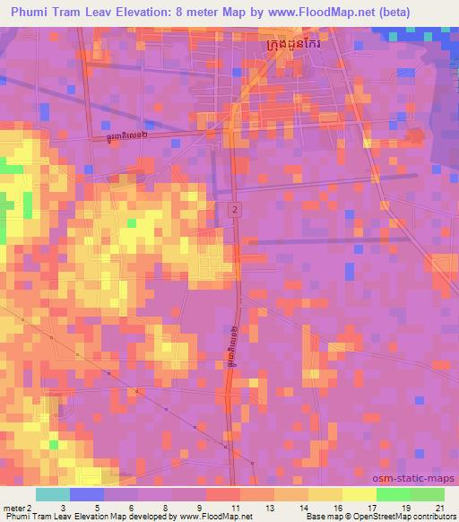 Phumi Tram Leav,Cambodia Elevation Map