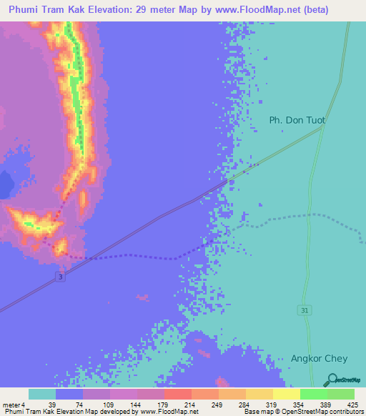 Phumi Tram Kak,Cambodia Elevation Map