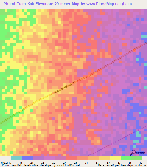 Phumi Tram Kak,Cambodia Elevation Map