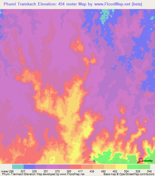 Phumi Tramkach,Cambodia Elevation Map