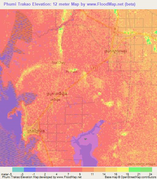 Phumi Trakao,Cambodia Elevation Map