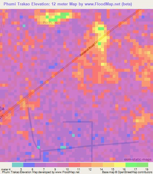 Phumi Trakao,Cambodia Elevation Map