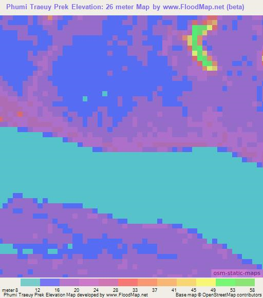 Phumi Traeuy Prek,Cambodia Elevation Map