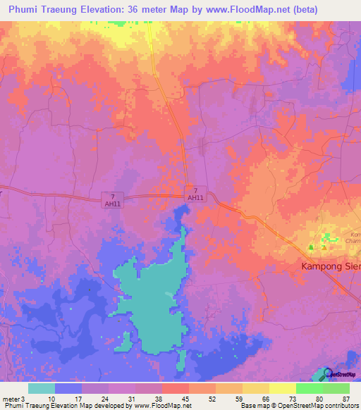 Phumi Traeung,Cambodia Elevation Map