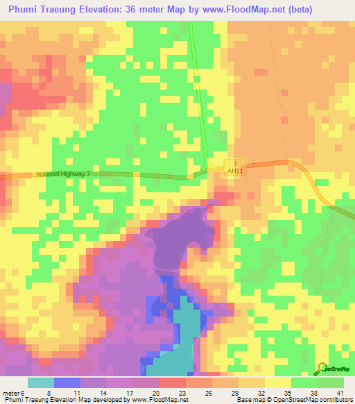 Phumi Traeung,Cambodia Elevation Map