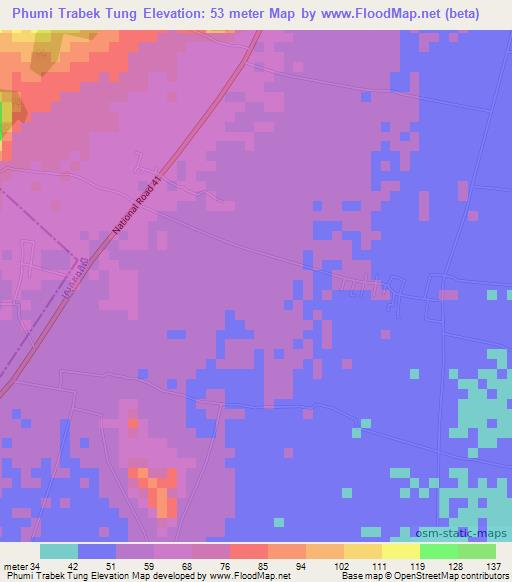 Phumi Trabek Tung,Cambodia Elevation Map