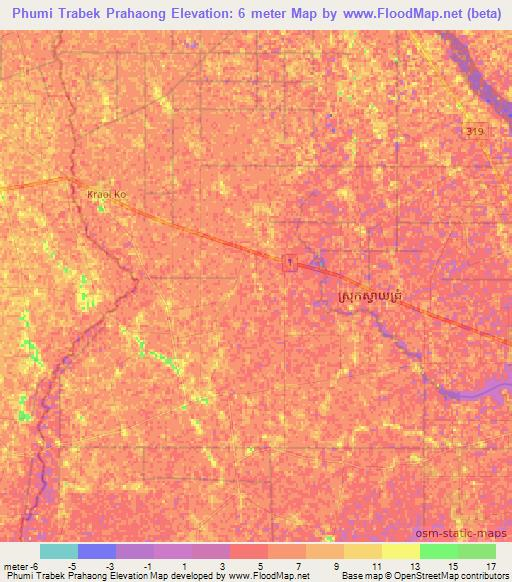 Phumi Trabek Prahaong,Cambodia Elevation Map
