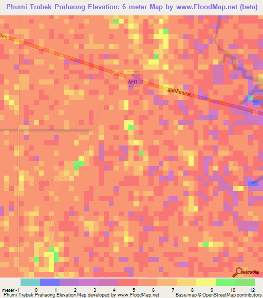 Phumi Trabek Prahaong,Cambodia Elevation Map