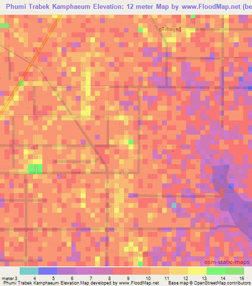 Phumi Trabek Kamphaeum,Cambodia Elevation Map