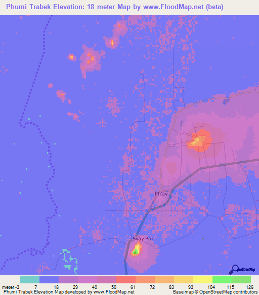 Phumi Trabek,Cambodia Elevation Map