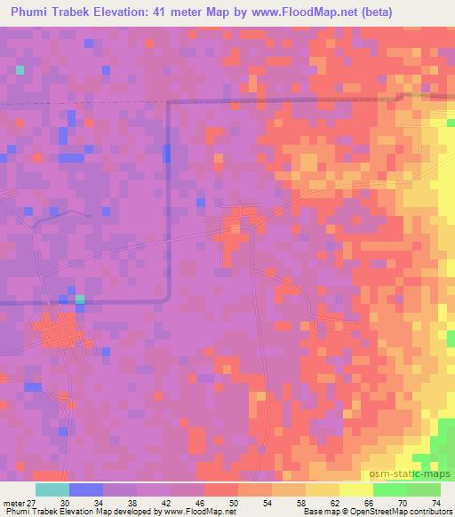 Phumi Trabek,Cambodia Elevation Map