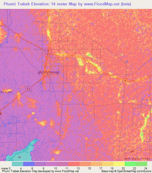 Phumi Trabek,Cambodia Elevation Map