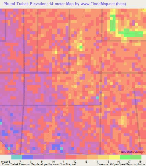 Phumi Trabek,Cambodia Elevation Map