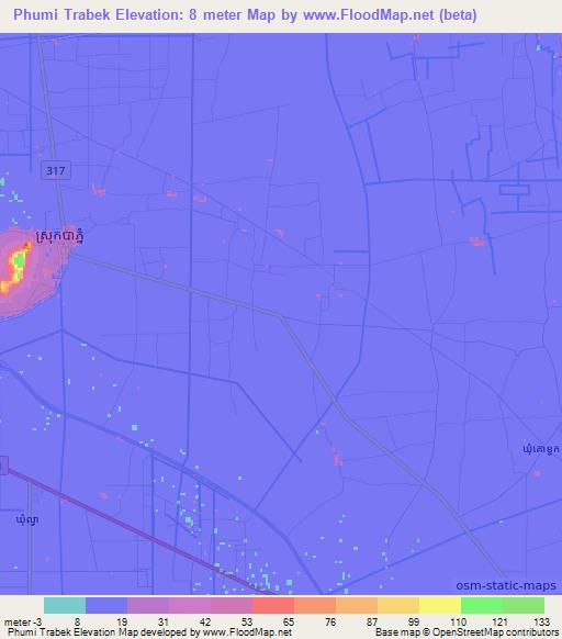Phumi Trabek,Cambodia Elevation Map